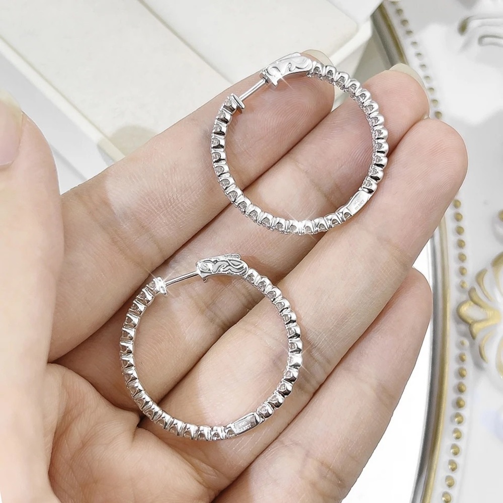 Round Cut 2mm Hoop Eternity Double Inlay Earrings